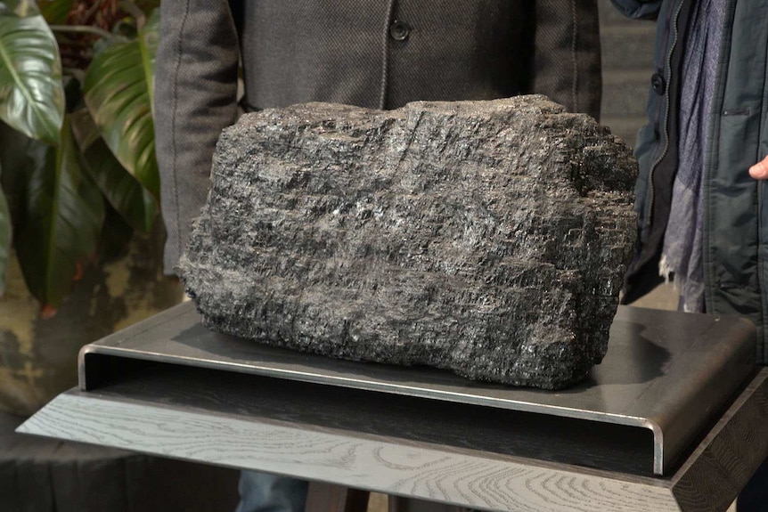 A large piece of coal sits on a plinth.