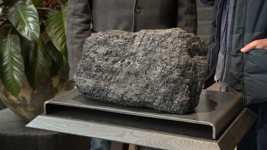 A large piece of coal sits on a plinth.