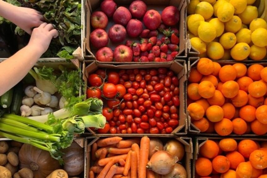 Colourful fruit and vegetables in boxes, shot from above.