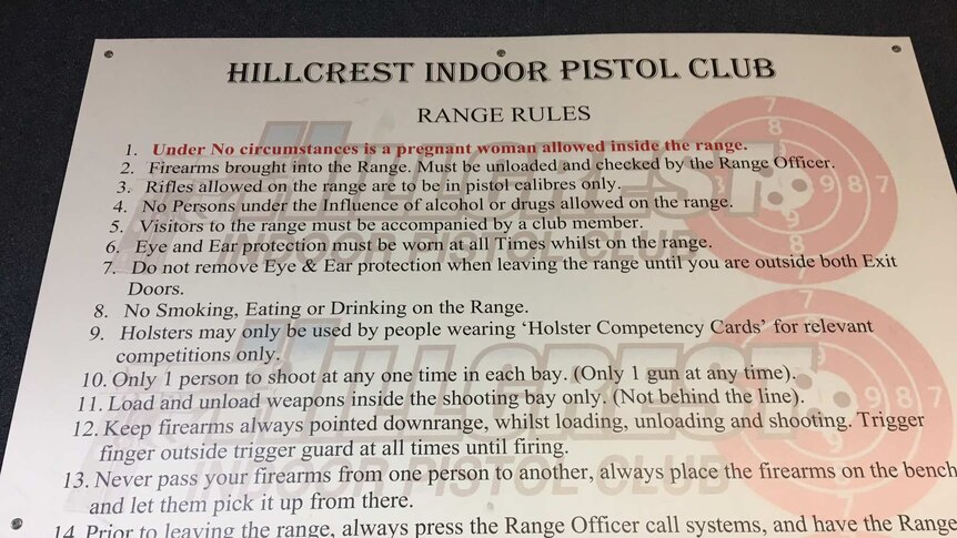 The Hillcrest indoor pistol club rules written out on a sign