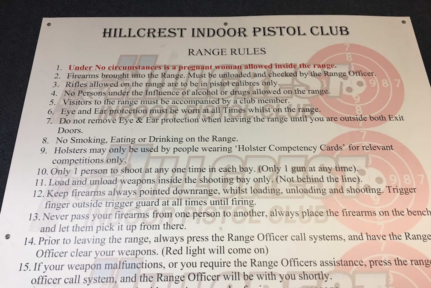 The Hillcrest indoor pistol club rules written out on a sign