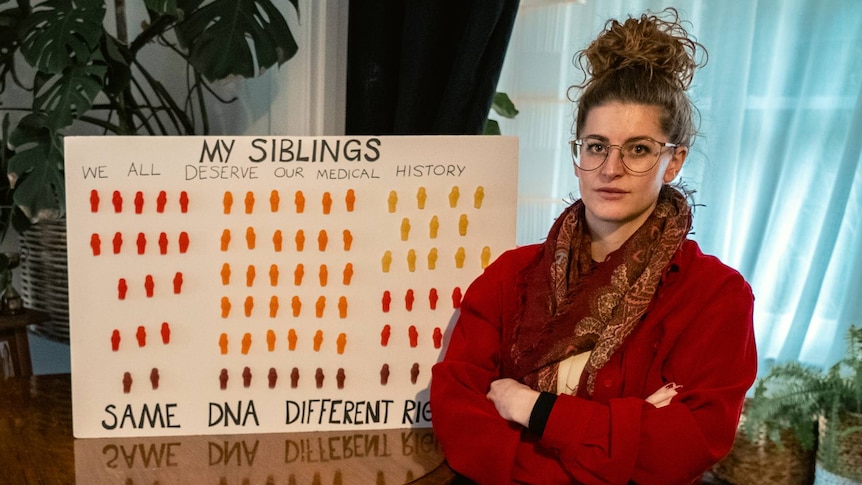 A woman stands in front of a chart which reads "my siblings"