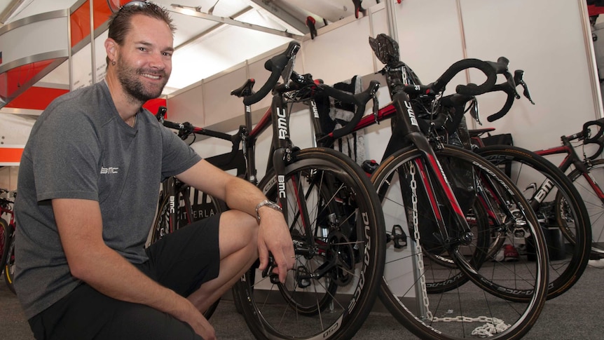 Kevin Grove prepares the BMC Racing team cycles for the Tour Down Under.