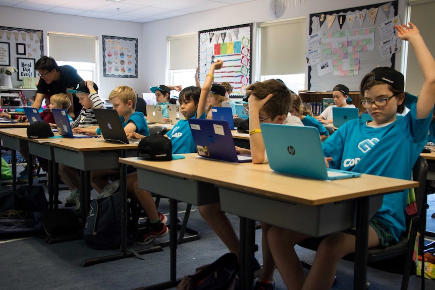Children in a classroom sitting in front of laptops raise their hands.