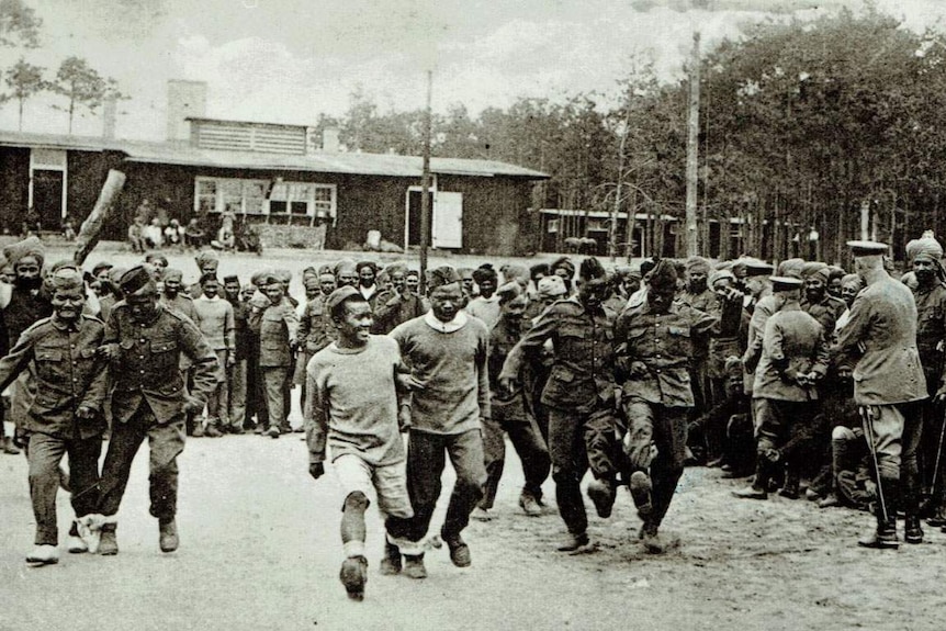 Prisoners standing in the yard of the Wünsdorf POW camp in Germany during World War I.