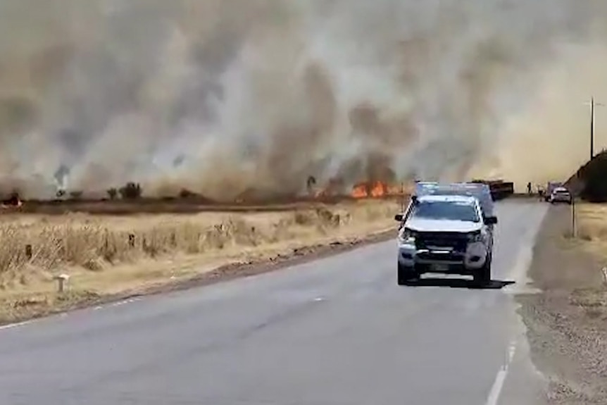 A grass fire burning and blowing thick smoke into the sky.