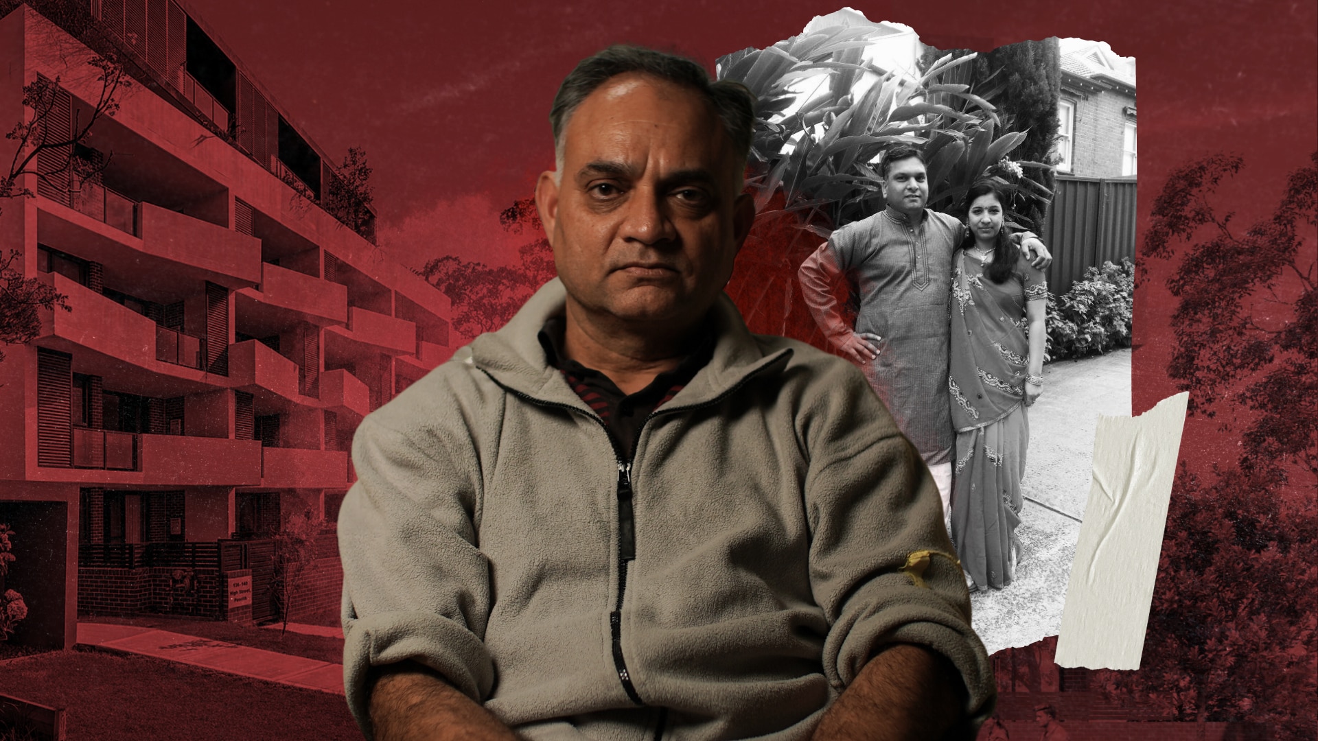 Composite of Indian man wearing a brown fleece jacket, an Indian couple in black and white, and an apartment building.