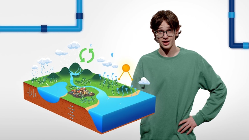 Teenage boy stands in front of 3D graphic of the water cycle