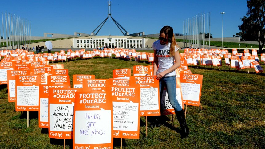 Support ABC protest outside Parliament House in Canberra
