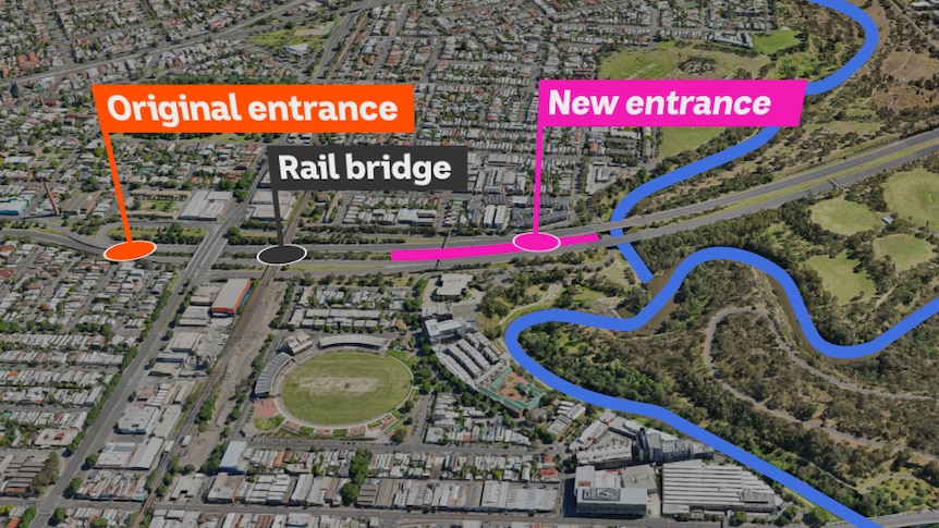 A map of the original entrance for the East West Link and its proximity to proposed new entrance.