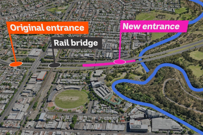 A map of the original entrance for the East West Link and its proximity to proposed new entrance.