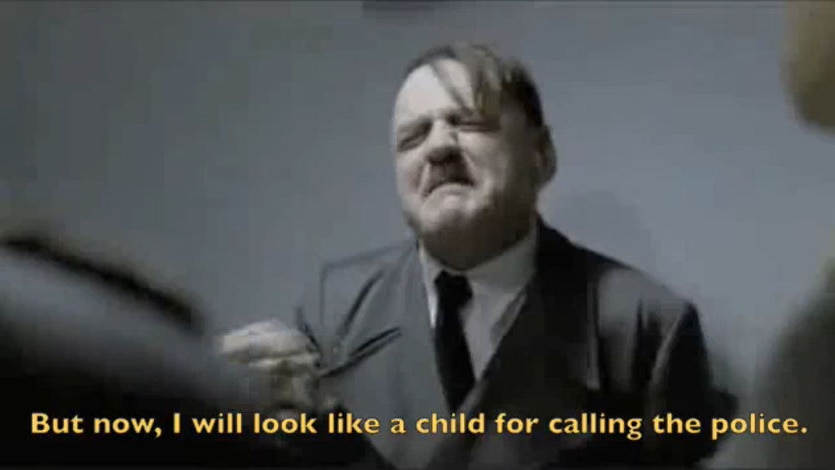 An enraged Adolf Hitler with subtitles relating to the Liberals' factional dispute.