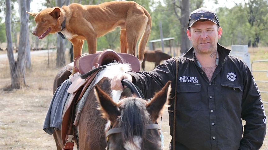 Middle aged man standing with hand on brown and white horse. A tan working dog is balancing on the horse's saddle.