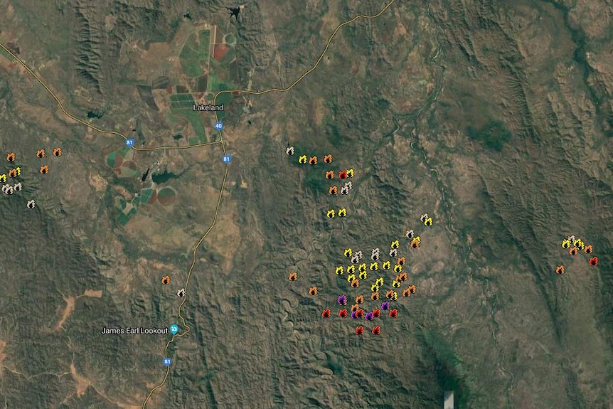 A satellite map showing the locations of fires around Lakeland on Cape York.