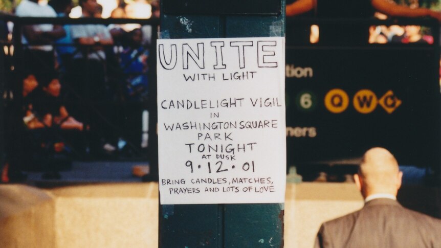 A memorial service notice at Union Square Station in New York a day after the September 11 attacks in 2001.