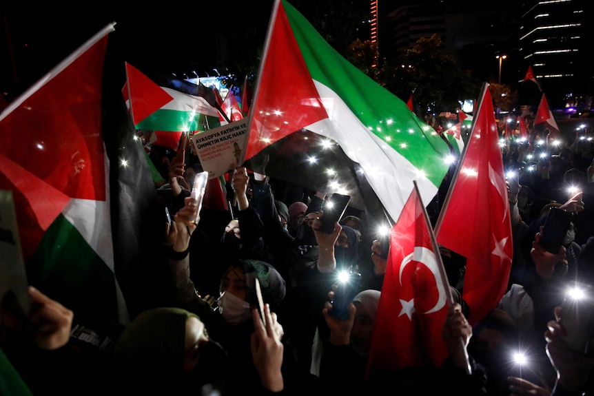 Demonstrators wave Turkish and Palestinian flags during a protest