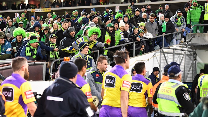 Raiders fans scream at the referees at Canberra Stadium