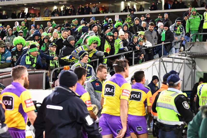 Raiders fans scream at the referees at Canberra Stadium