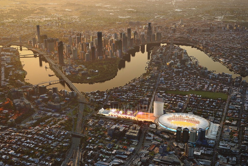 An illustration of Brisbane with a new Gabba