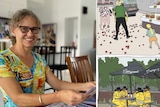 A woman smiling at the camera on the left, on the right four digital drawings showing everyday life. 