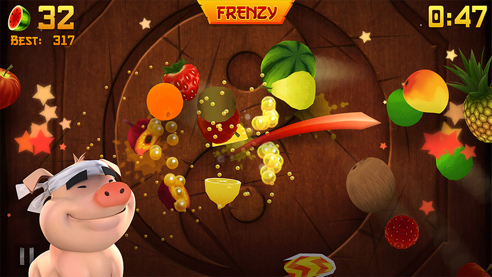 In a scene from a video game a pig-like character with white bandana watches flying fruit being sliced in mid-air.