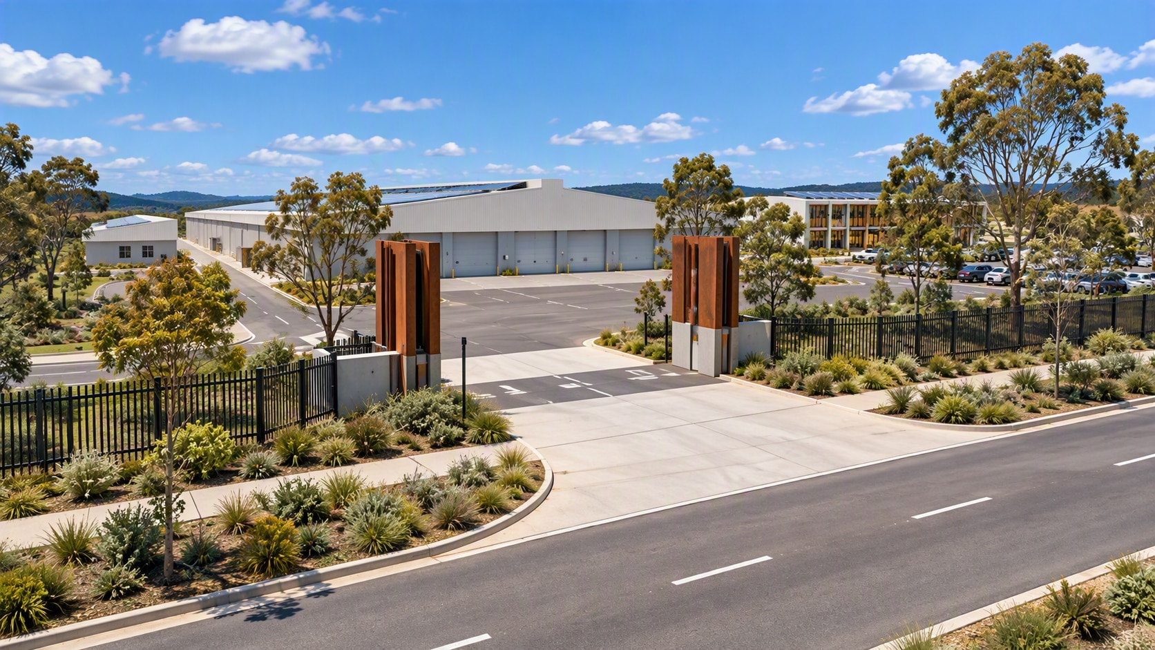 An artist impression of the entrance to the facility with large gate with a road leading to a large industrial shed.
