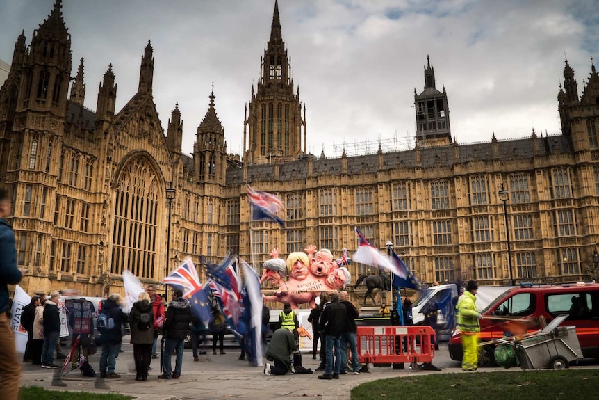 Brexit protesters outside the Palace of Westminster in London.