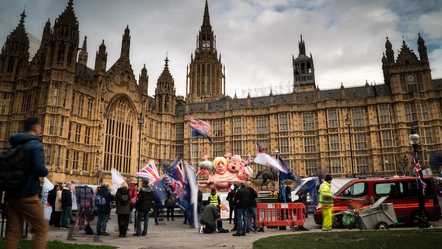 Brexit protesters outside the Palace of Westminster in London.