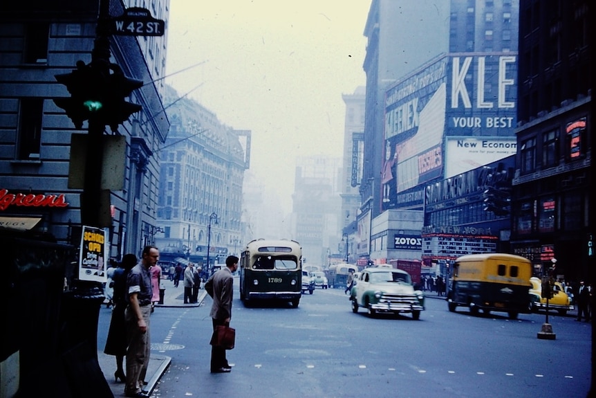 New York City intersection with smog in the background, October 1955