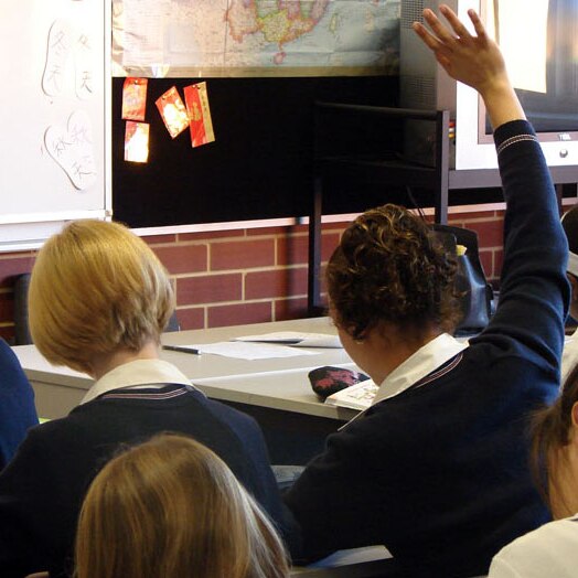 A girl raises her hand in a classroom