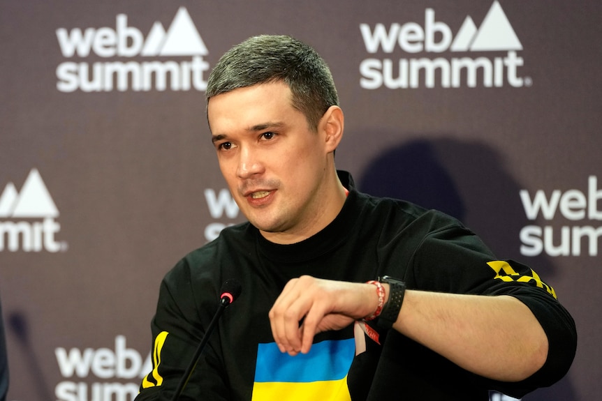 Ukraine's Minister of Digital Transformation Mykhailo Fedorovm at a press conference. 