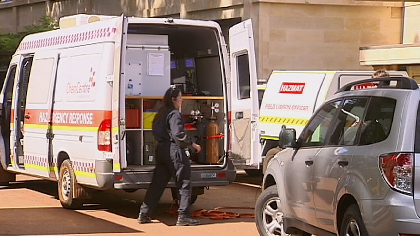 The Hazmat team at WA Parliament house after a suspicious package was found. April 17, 2014.