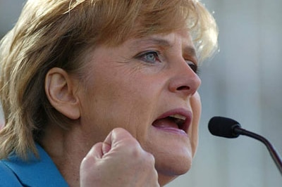 Angela Merkel speaks at an election campaign rally.