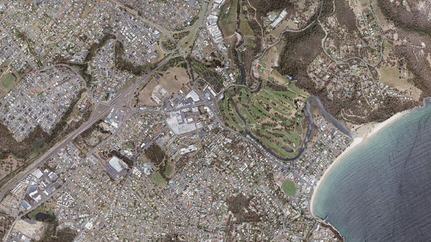 A satellite image of the Kingborough local government area, near Hobart.