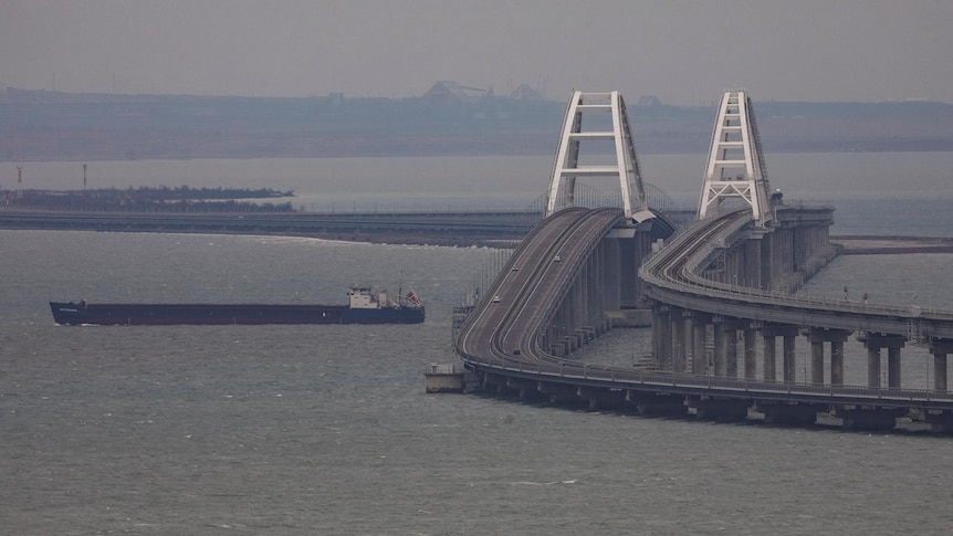 A two-span bridge stretches out over the water on a foggy day. A long cargo ship sails underneath.