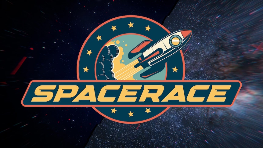 'Space Race' futuristic logo featuring a rocket blasting off.