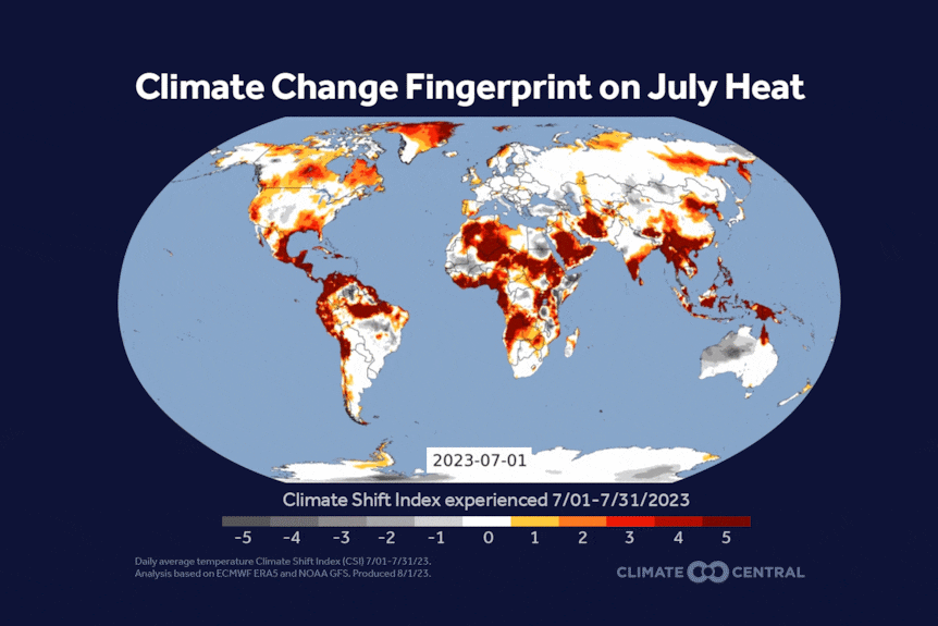 An animated heat map showing the climate change fingerprint of heat in July 2023, using the Climate Shift Index. 