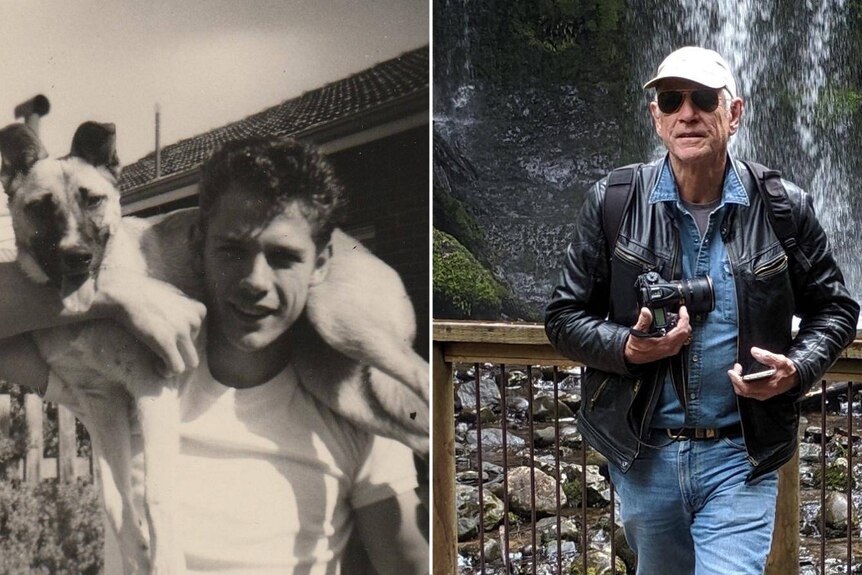 A collage of two pictures one of a man holding a dog the other of the same man in later years holding a camera 
