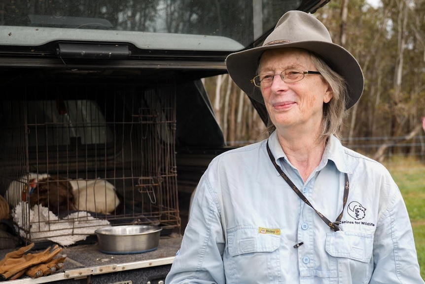 Woman in an akubra and blue shirt stands smiling with a dog in the boot of a car behind her.