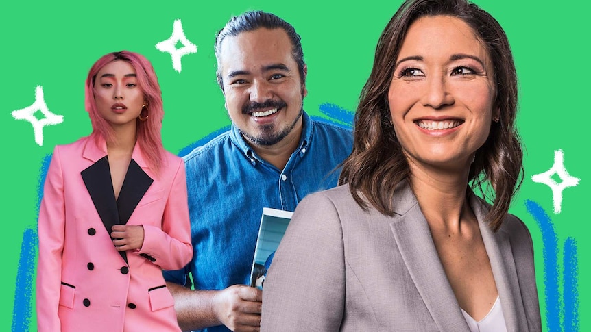 Asian Australians Margaret Zhang, Adam Liaw and Kumi Taguchi on a green background, discussing the film Crazy Rich Asians.