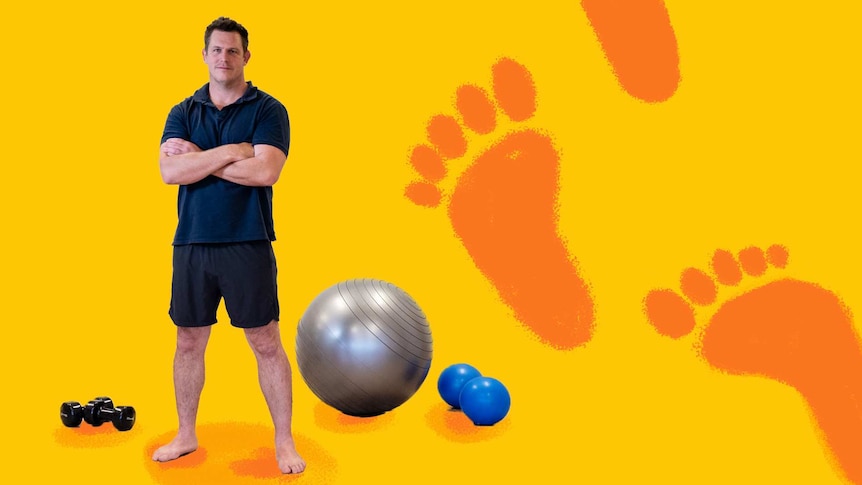 Male physiotherapist standing in front of exercise equipment to depict exercises to strengthen lower body when standing all day.