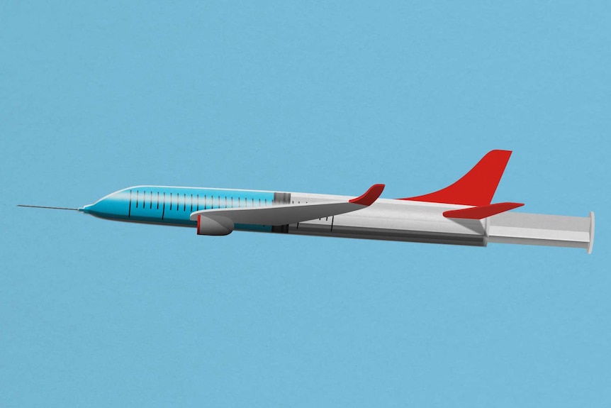 You view a cartoon image of a syringe in the shape of a plane flying against a blue sky.