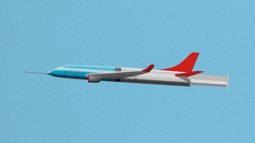 You view a cartoon image of a syringe in the shape of a plane flying against a blue sky.