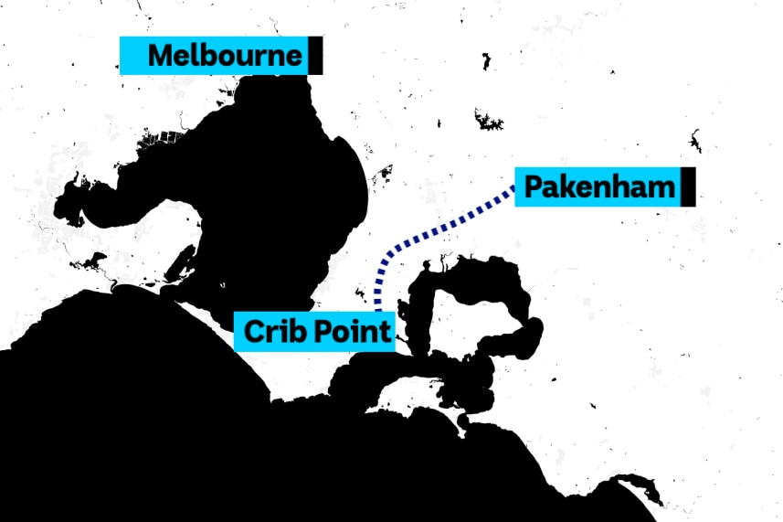 A map showing the path of a pipeline between Pakenham and Crib Point in relation to Melbourne.