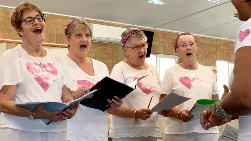 A group of women in pink headbands and white shirts sing