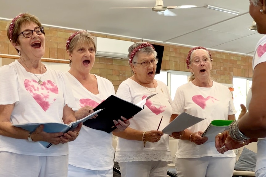 A group of women in pink headbands and white shirts sing