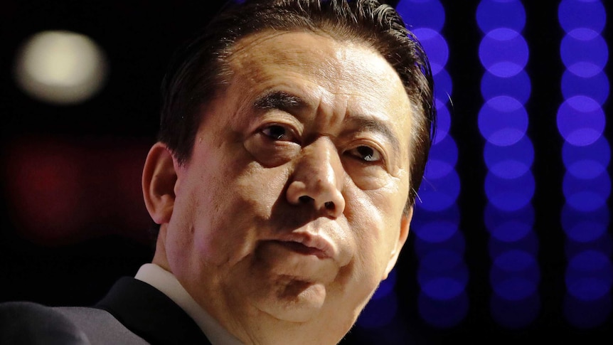Interpol President Meng Hongwei wears a suit and stands in front of a black and purple background