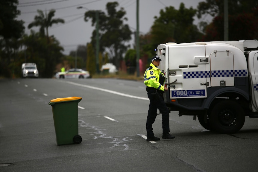A police officer walks behind a vehicle parked across a residential street, with a green wheelie bin nearby.