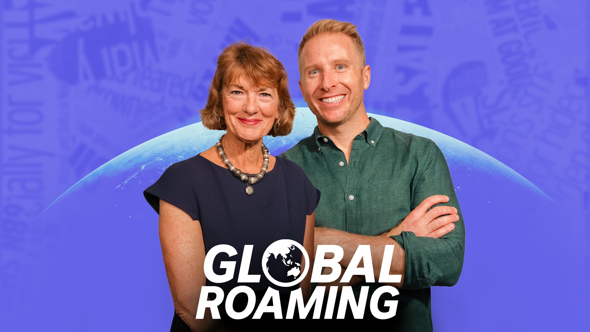 A woman and a man standing looking at the camera with the words Global Roaming at the forefront