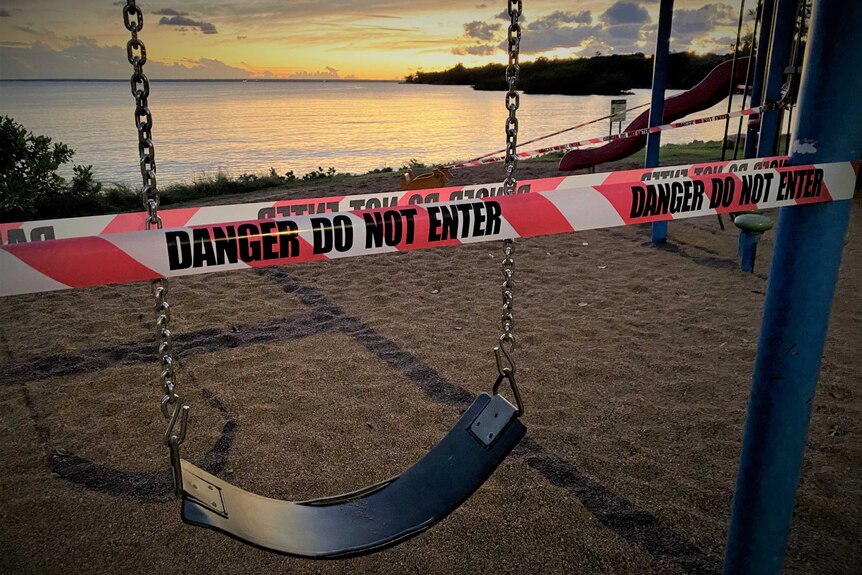 A playground at East Point beach in Darwin is fenced off to prevent the spread of coronavirus, April 2020.